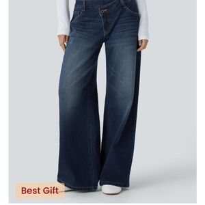 BNWT Halara Flex Asymmetric Low Rise Baggy Wide Leg Washed paint blue Med. Reg